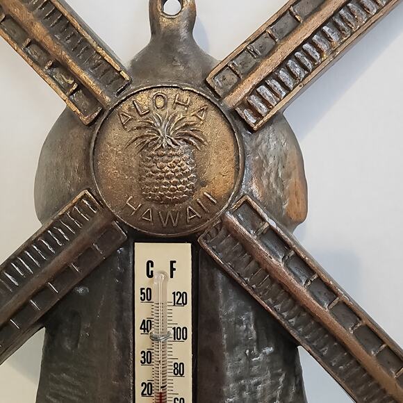 Vintage Metal Windmill Wall Thermometer Aloha Hawaii Pineapple Tropical Decor - Picture 2 of 7